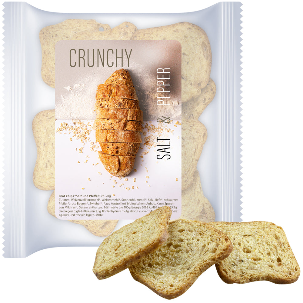 Bio Knabbervielfalt in der Maxi XL Tüte mit Etikett – Bio Brot Chips Salz und Pfeffer, ca. 20 g