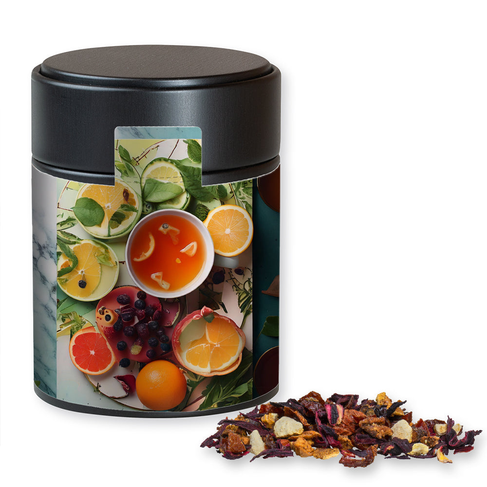 Bio Kräutertee in der Metalldose Midi schwarz – Bio Früchtetee gute Laune, ca. 60 g
