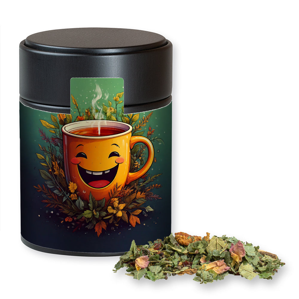 Bio Kräutertee in der Metalldose Midi schwarz – Bio Kräutertee Glücksgefühle, ca. 50 g