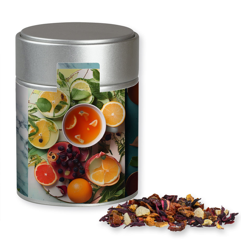 Bio Kräutertee in der Metalldose Midi silber – Bio Früchtetee gute Laune, ca. 60 g
