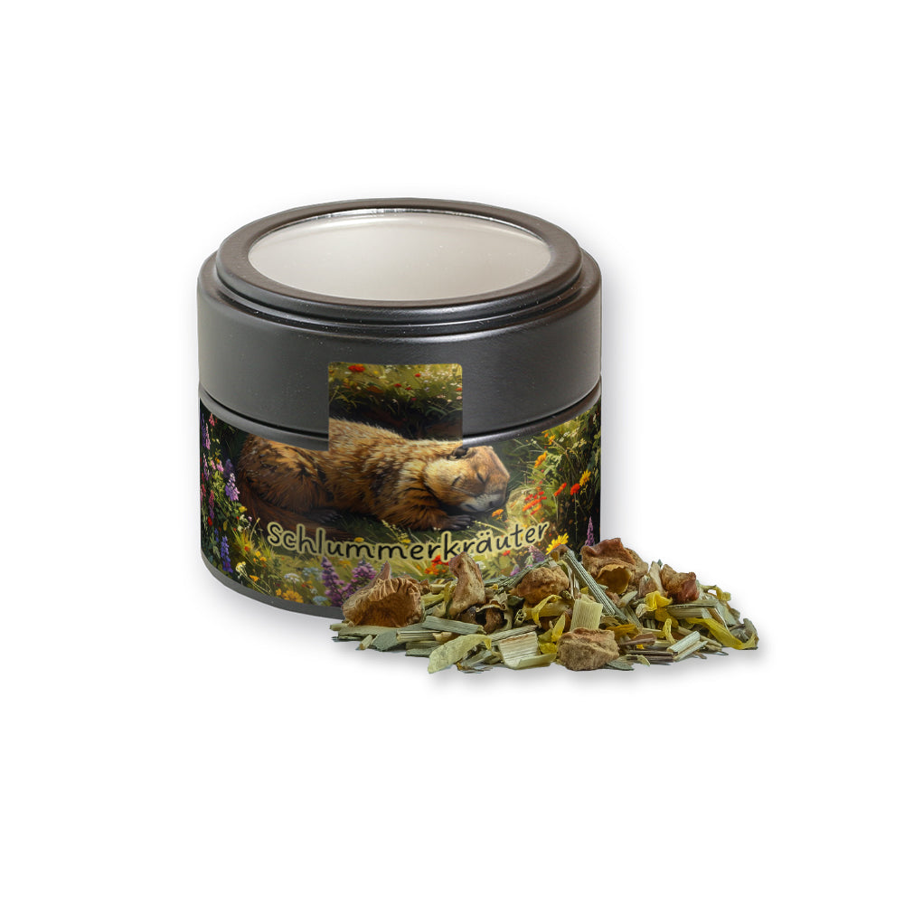 Bio Kräutertee in der schwarzen Metalldose Mini – Bio Kräutertee Seelenwohl, ca. 17 g