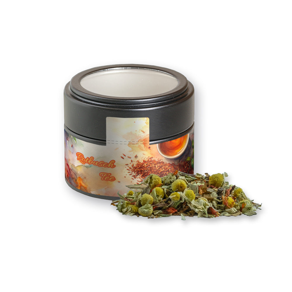Bio Kräutertee in der schwarzen Metalldose Mini – Bio Rotbuschtee Entspannungszeit, ca. 25 g