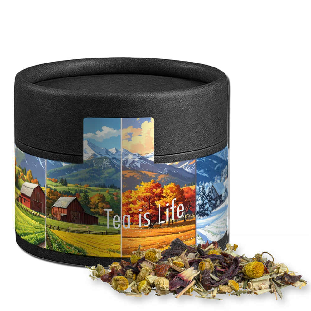 Bio Kräutertee in der schwarzen Mini Dose – Bio Kräutertee Vierjahreszeiten, ca. 9 g