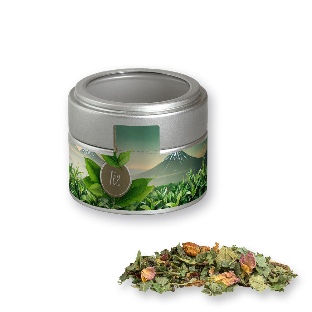 Bio Kräutertee in der silbernen Metalldose Mini – Bio Kräutertee Glücksgefühle, ca. 25 g