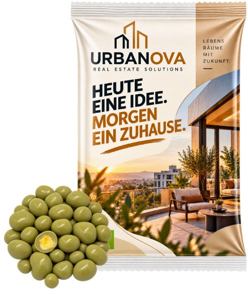 Bio Matcha Snack im Werbetütchen 50 g mit Deinem Design – Bio Mangos in weißer Schokolade mit Matcha, 50 g