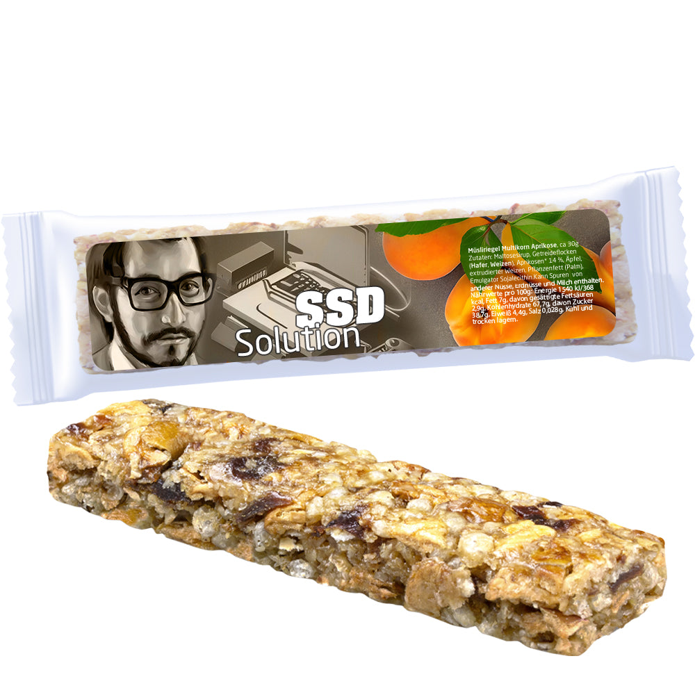 Bio Müsliriegel im Flowpack mit Etikett – Bio Müsliriegel Multikorn Aprikose, 30 g