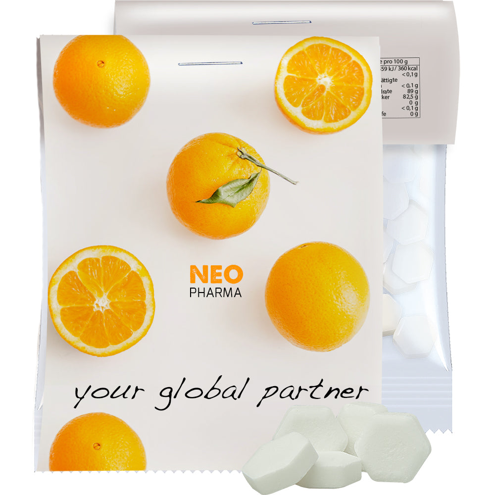 Bio Naschmix in der Midi Tüte mit Werbereiter – Bio Traubenzucker Orange Drops, ca. 15 g