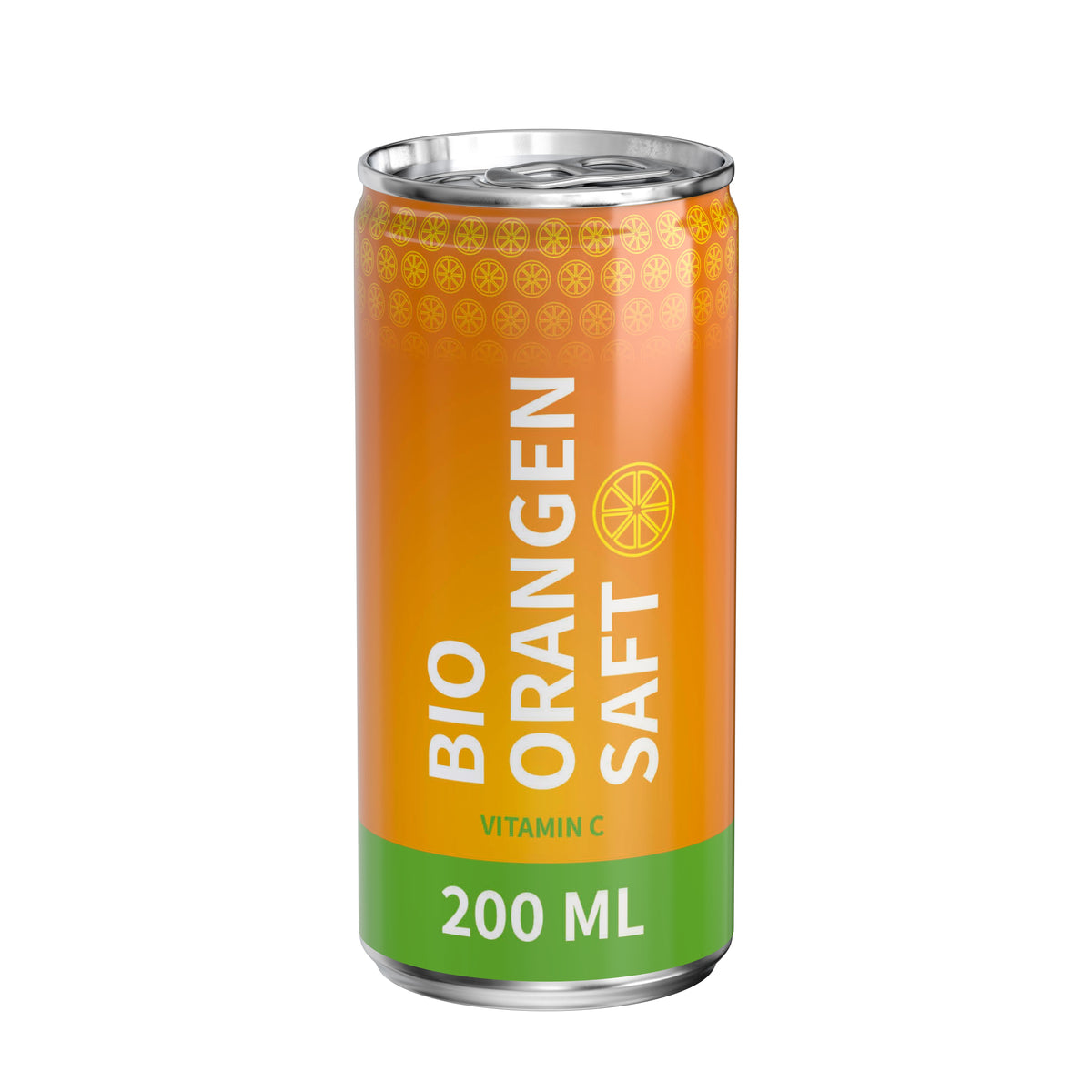 Bio Orangensaft 200 ml Dose mit Fullbody Etikett – weiß glänzend