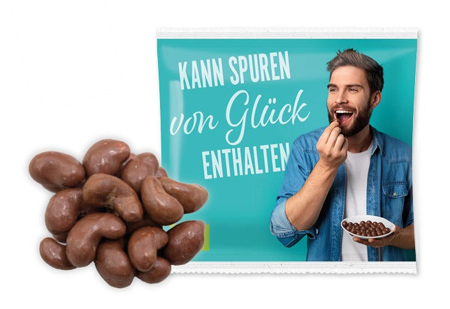 Bio Snack Werbetütchen 10 bis 15 g mit Deinem Design – Bio Cashews in Vollmilch Schokolade mit Salzkaramell, 15 g