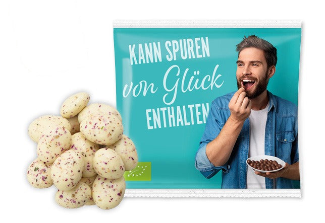 Bio Snack Werbetütchen 10 bis 15 g mit Deinem Design – Bio Mandeln in weißer Schokolade mit Rosenblüten, 15 g
