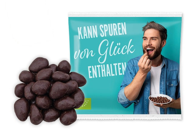Bio Snack Werbetütchen 10 bis 15 g mit Deinem Design – Bio Mandeln in Zartbitter Schokolade mit Salzkaramell, 15 g