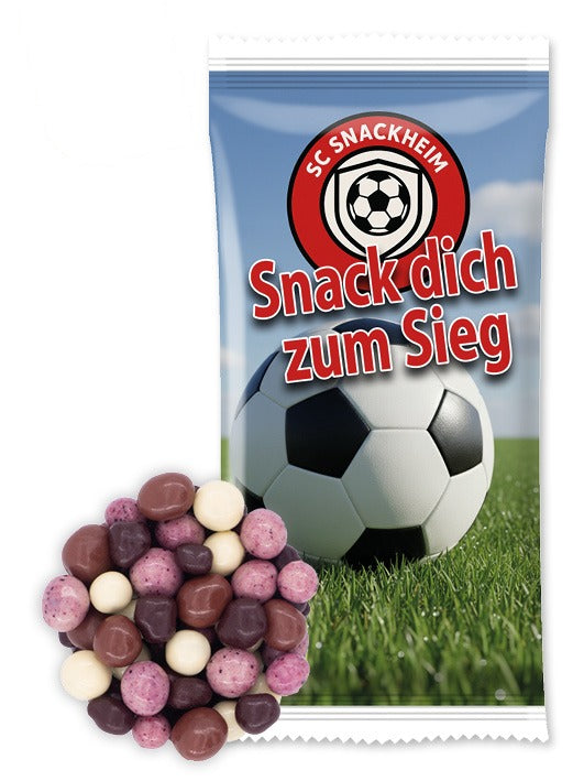Bio Snack Werbetütchen 30 g mit Deinem Design – Bio Beeren in dreierlei Schokoladen, 30 g