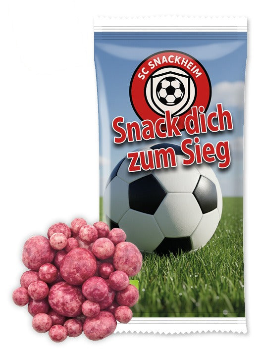 Bio Snack Werbetütchen 30 g mit Deinem Design – Bio Himbeeren in Beeren Schokolade, 30 g