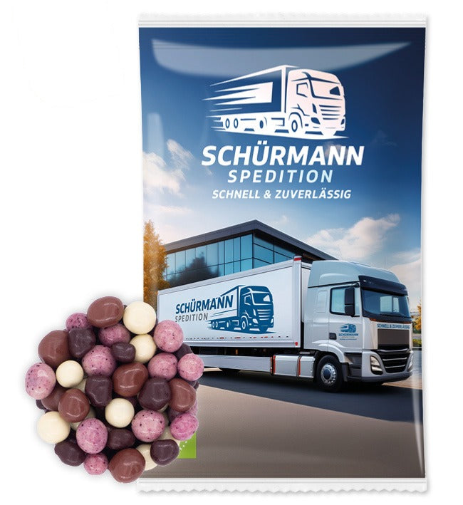 Bio Snack Werbetütchen 40 bis 50 g mit Deinem Design – Bio Beeren in dreierlei Schokoladen, 50 g