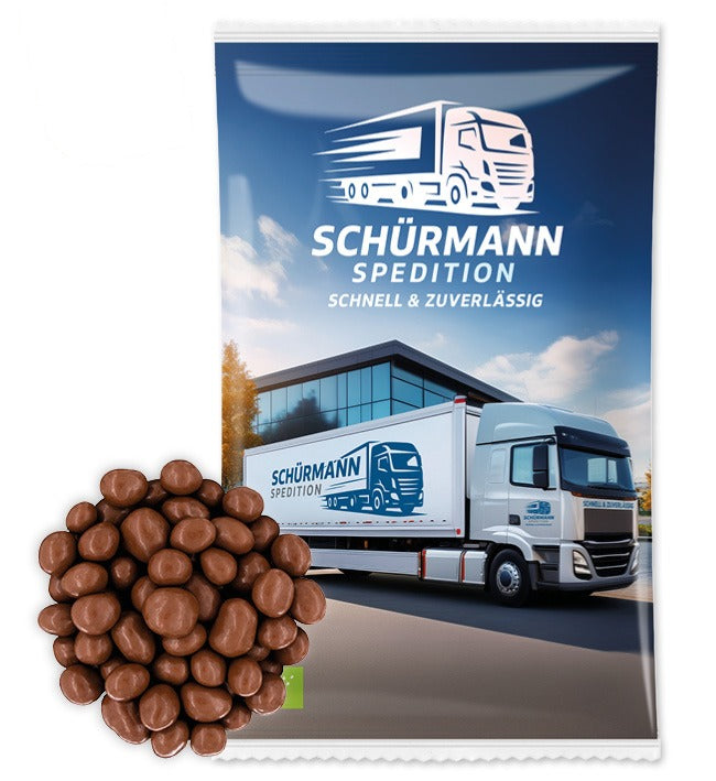 Bio Snack Werbetütchen 40 bis 50 g mit Deinem Design – Bio Erdbeeren in Vollmilch Schokolade, 50 g