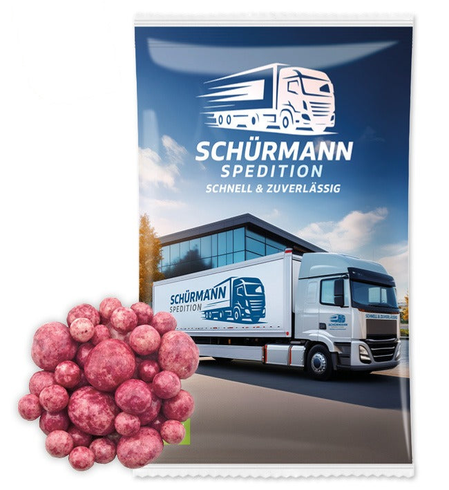Bio Snack Werbetütchen 40 bis 50 g mit Deinem Design – Bio Himbeeren in Beeren Schokolade, 50 g