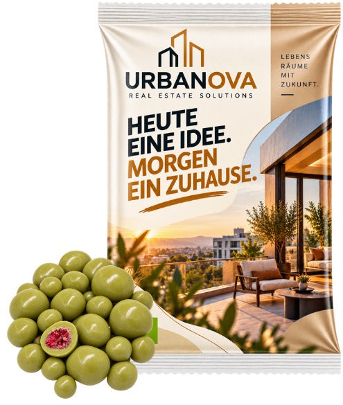 Bio Snack Werbetütchen 40 bis 50 g mit Deinem Design – Bio Himbeeren in weißer Schokolade mit Matcha, 50 g