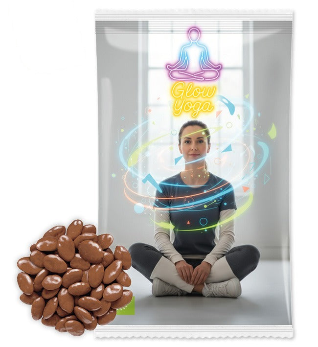 Bio Snack Werbetütchen 40 bis 50 g mit Deinem Design – Bio Kürbiskerne in Vollmilch Schokolade, 50 g