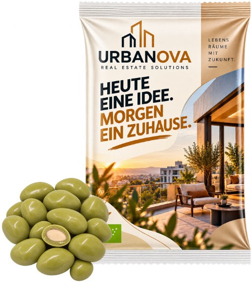 Bio Snack Werbetütchen 40 bis 50 g mit Deinem Design – Bio Mandeln in weißer Schokolade mit Matcha, 50 g