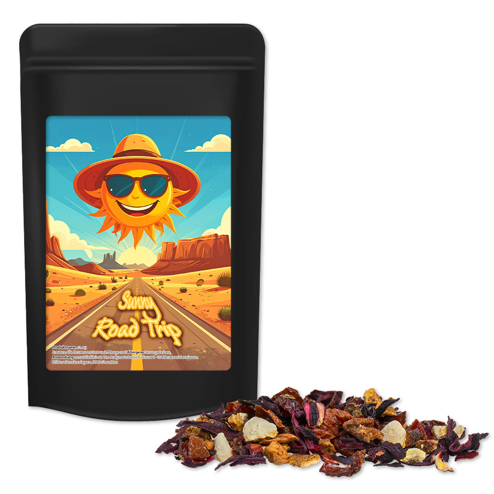 Bio Tee und Kaffee im schwarzen Standbeutel Midi – Bio Früchtetee gute Laune, ca. 50 g