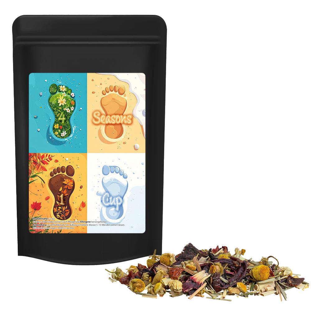 Bio Tee und Kaffee im schwarzen Standbeutel Midi – Bio Kräutertee Vierjahreszeiten, ca. 30 g