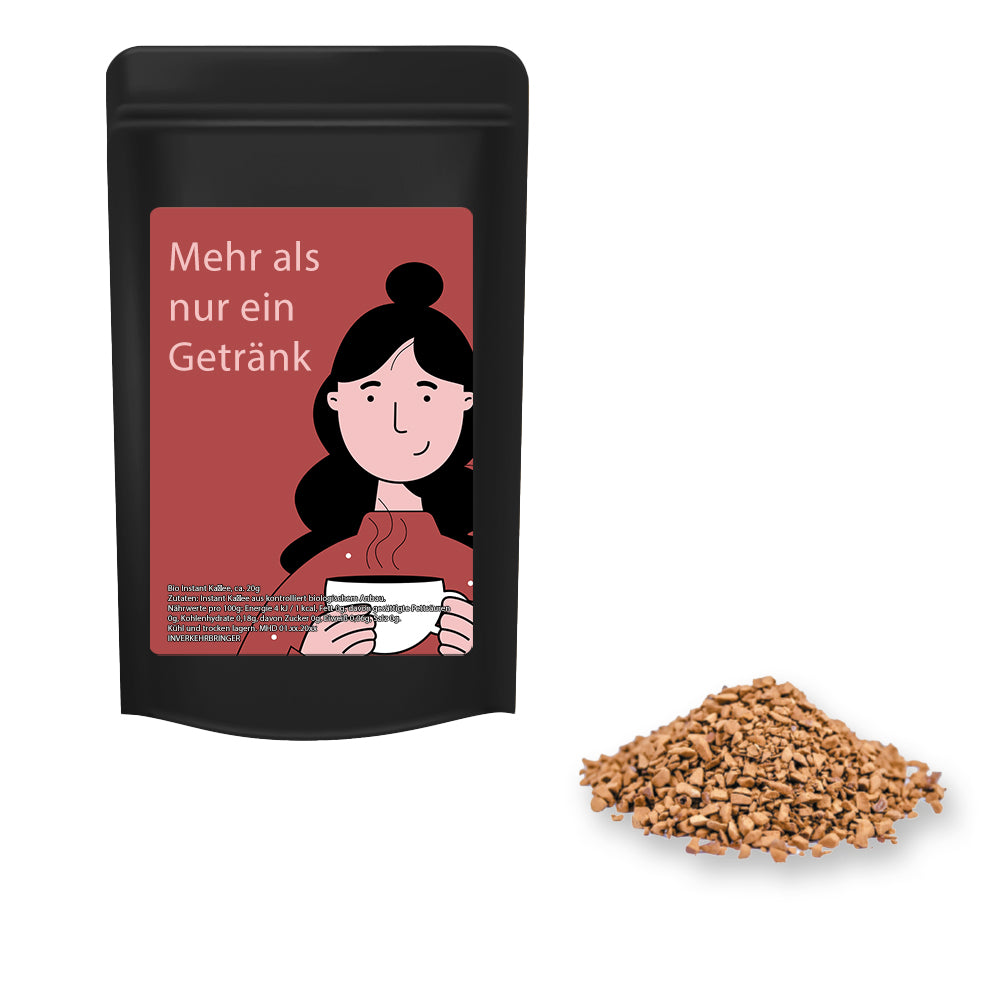 Bio Tee und Kaffee im schwarzen Standbeutel Mini – Bio Instant Kaffee, ca. 20 g