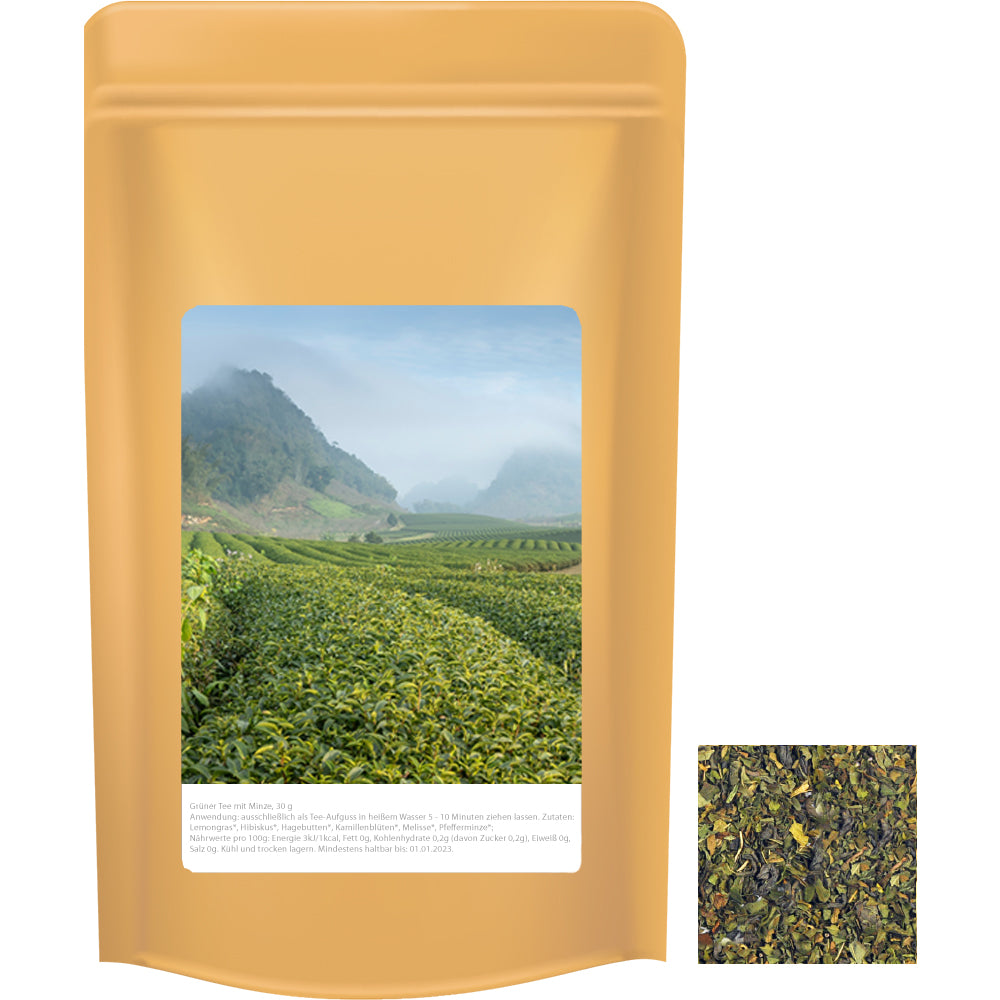 Bio Tee und Kaffee im Standbeutel Midi aus Kraftpapier – Bio Grüner Tee mit Minze, ca. 30 g