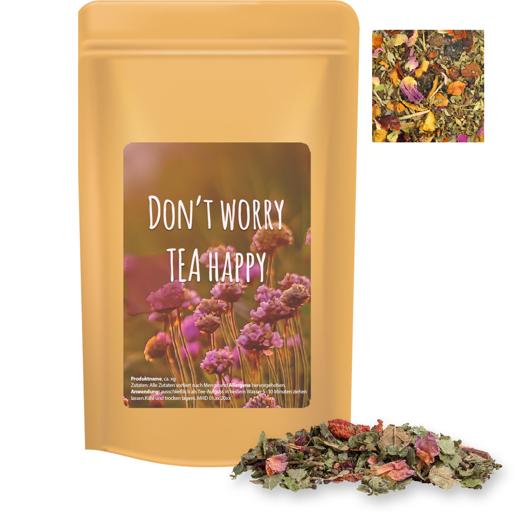 Bio Tee und Kaffee im Standbeutel Midi aus Kraftpapier – Bio Kräutertee Glücksgefühle, ca. 40 g