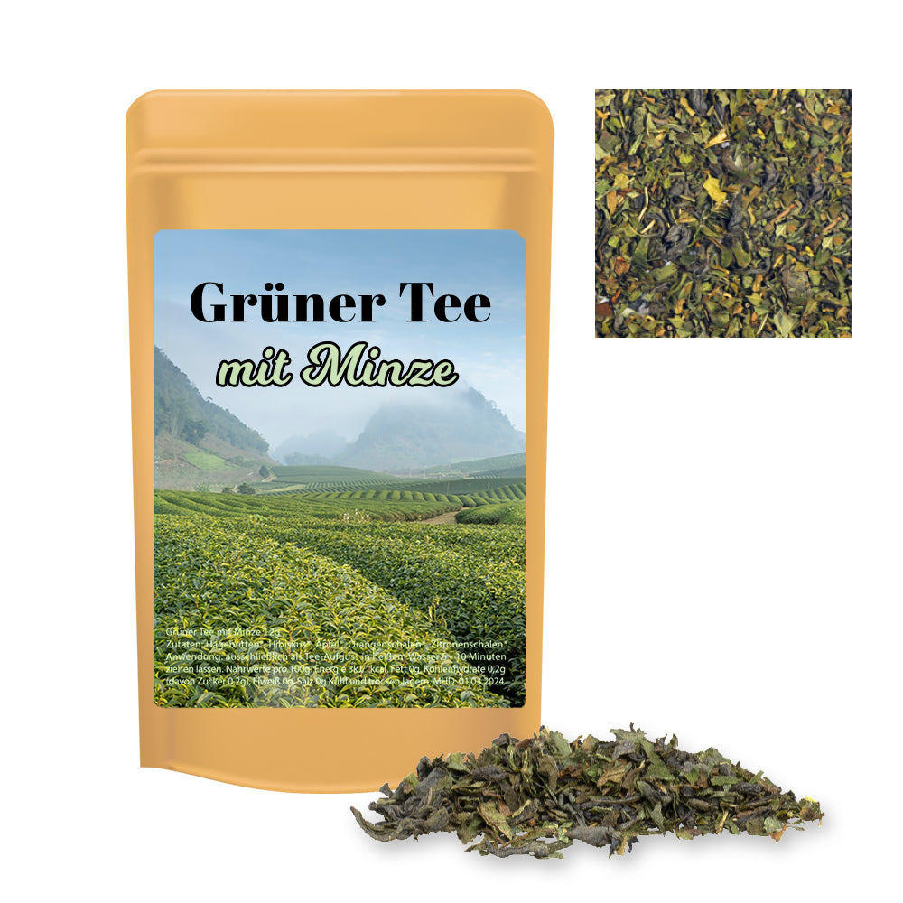 Bio Tee und Kaffee im Standbeutel Mini aus Kraftpapier – Bio Grüner Tee mit Minze, ca. 12 g