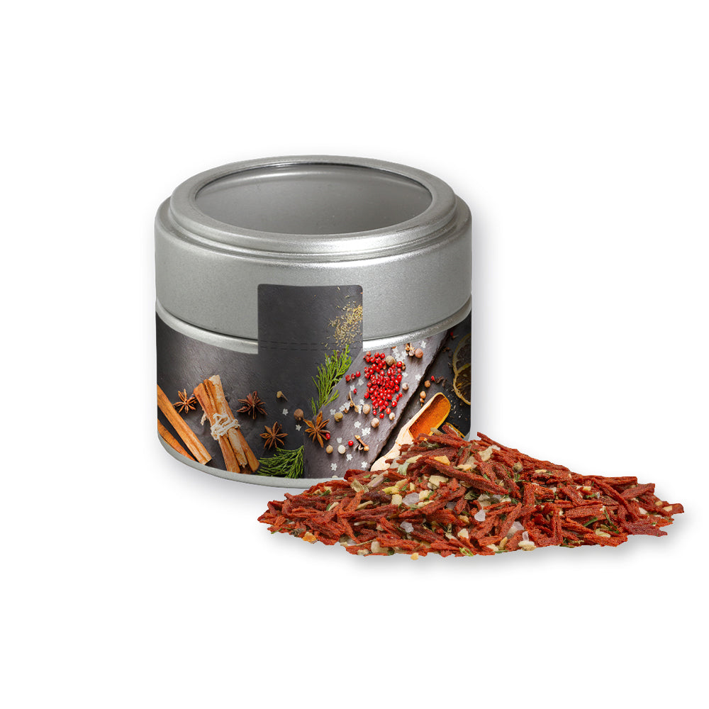 Bio Weihnachtsgewürze in der silbernen Metalldose Mini – Bio Weihnachts Gewürzmischung Salat, ca. 50 g