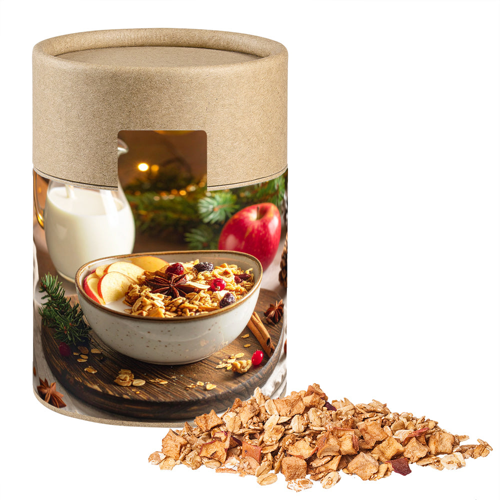 Bio Weihnachtsmüsli in der Kraftpapierdose – Bio Crunchy Weihnachtsmüsli Apfel Zimt, ca. 70 g
