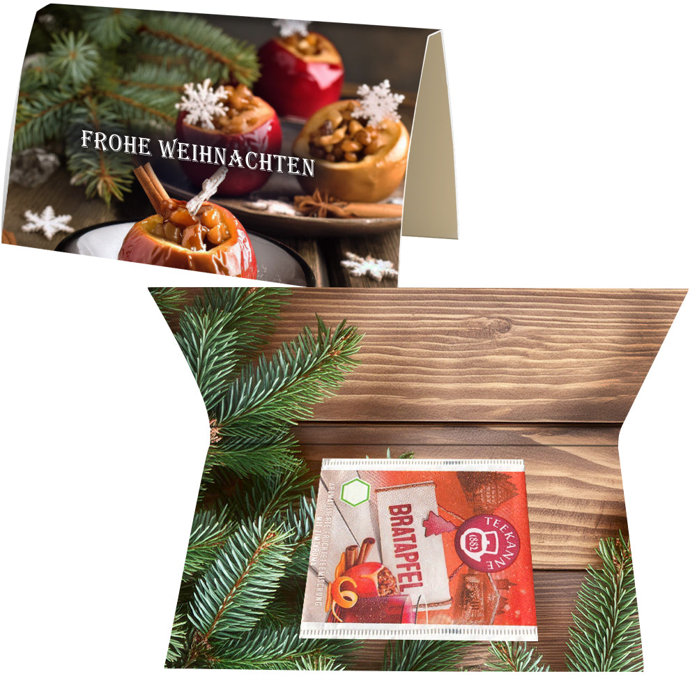 Bio Weihnachtstee in der Werbekarte A6 gefaltet – Bio Beuteltee Bratapfel, 2,25 g