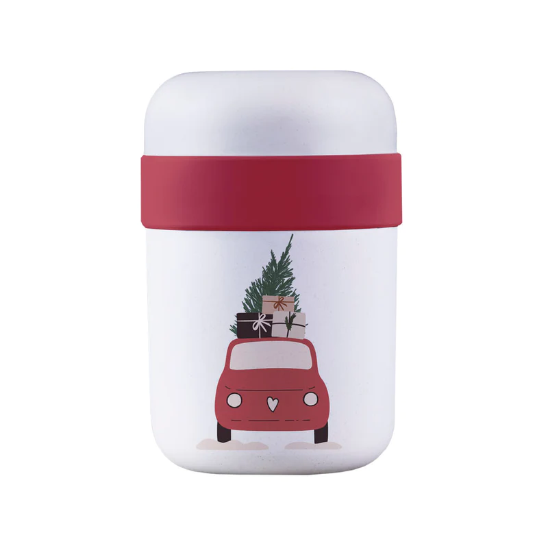 bioloco lunchpot weiß rot mit einem süßen Weihnachtsdesign. Rotes Auto mit Geschenken und einem Tannenbaum auf dem Autodach geschnallt