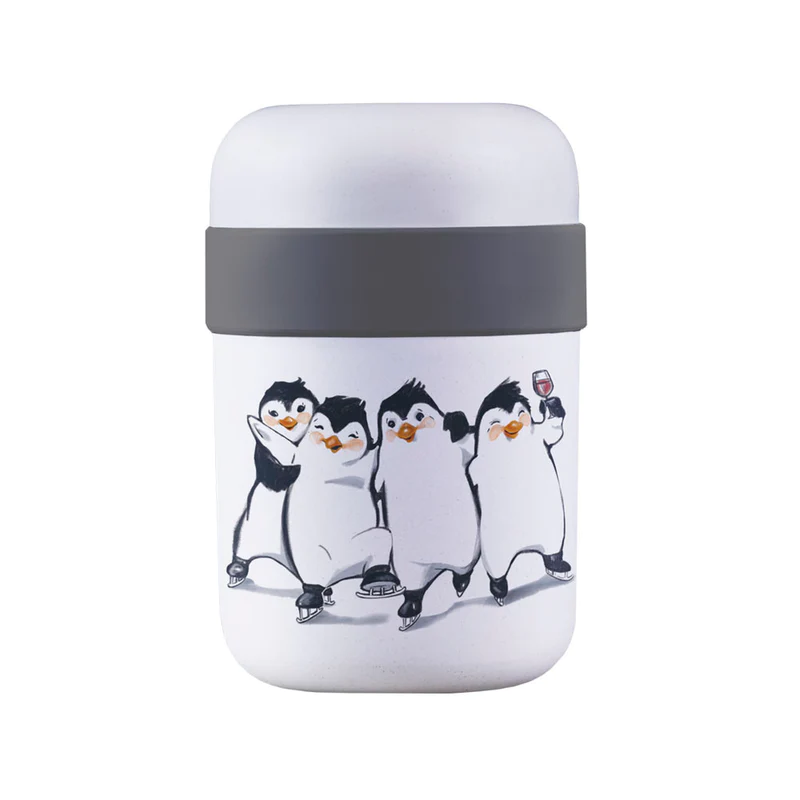 bioloco lunchpot weiß und dunkelgrau, mit vier Pinguinen auf Schlittschuhen und einem Weinglas