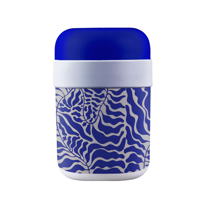 bioloco lunchpot Königsblau und weiß mit einem Blattdesign