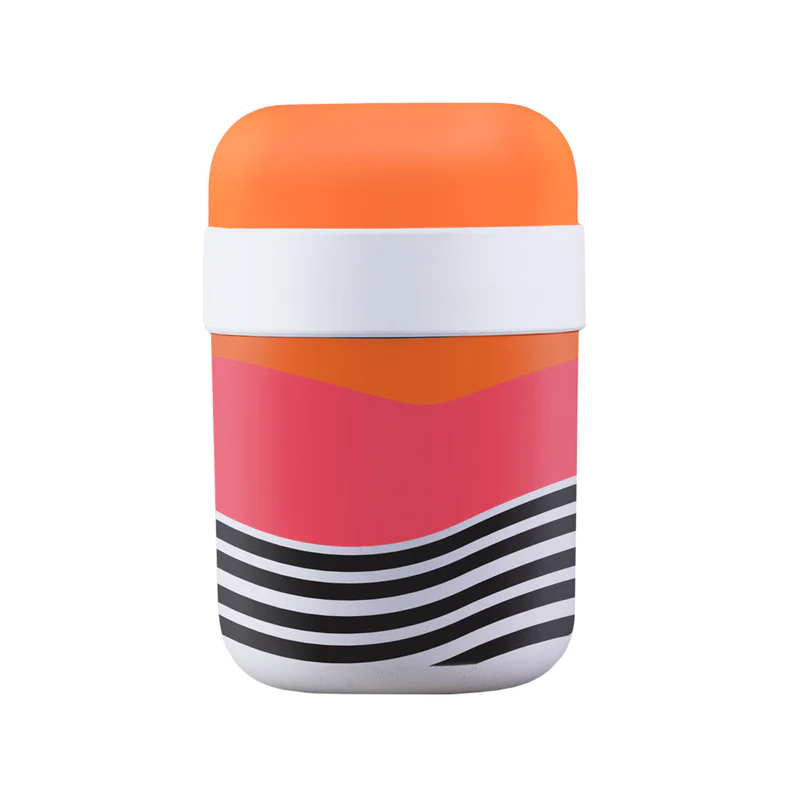 bioloco lunchpot mit einem modernen Design in den Farben leuchtend Orange, Pink und Schwarz, wellenförmig