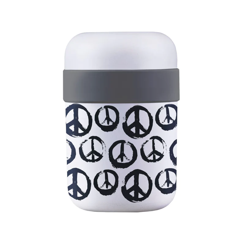 bioloco lunchpot in weiß und dunkelgrau mit einem Peace Design