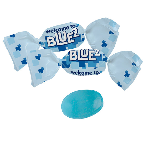 Blaue Pfefferminz Bonbons im Werbewickel mit Streudruck