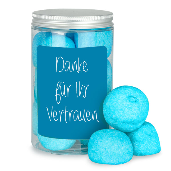 Blaue Speckbälle in der Dose 125 g mit Deinem Etikett – Beispielmotiv