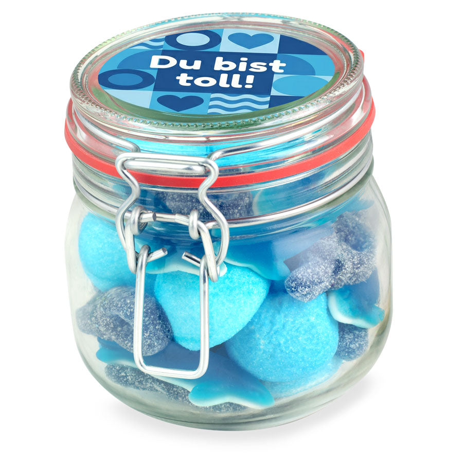 Blauer Süßigkeitenmix im Bügelglas M 320 g mit Logo – Beispielmotiv