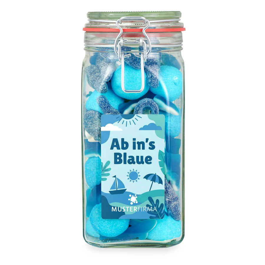 Blauer Süßigkeitenmix im großen Bügelglas 760 g mit Logo – Beispielmotiv
