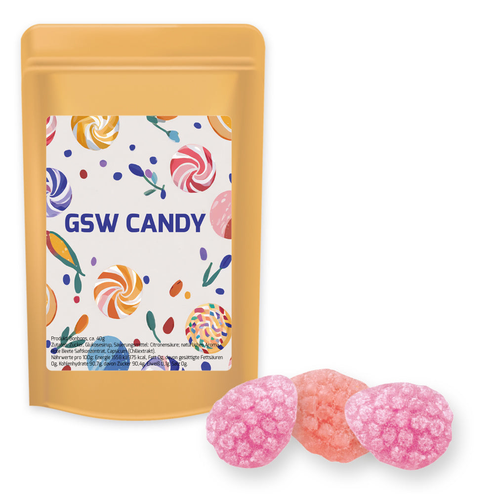 Bonbonmischungen im Standbeutel Midi aus Kraftpapier – Erdbeer Chili Bonbons, ca. 80 g