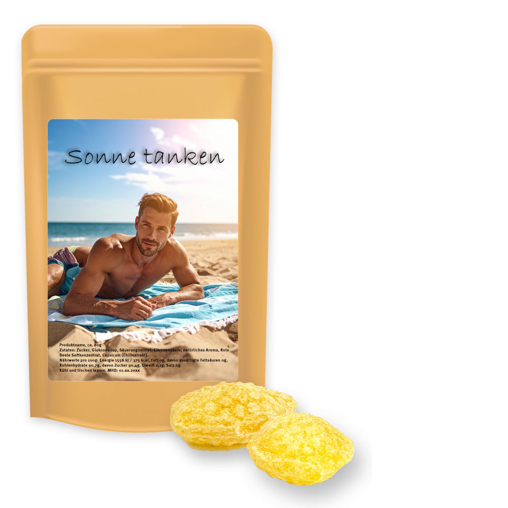 Bonbonmischungen im Standbeutel Midi aus Kraftpapier – Zitronenbonbons mit Vitamin D, ca. 80 g