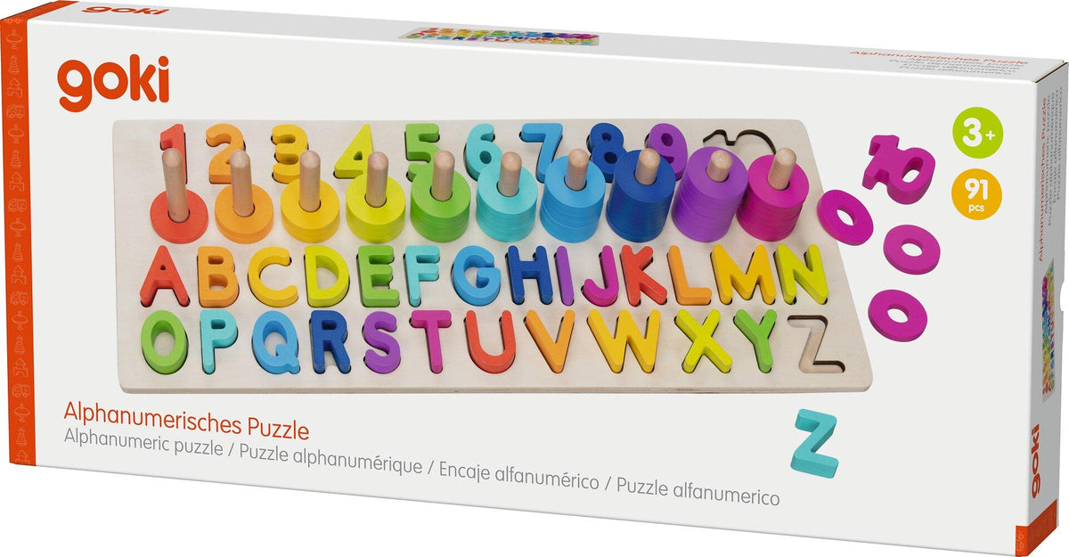 Buchstaben und Zahlenpuzzle aus Holz mit Steckringen – Rückansicht
