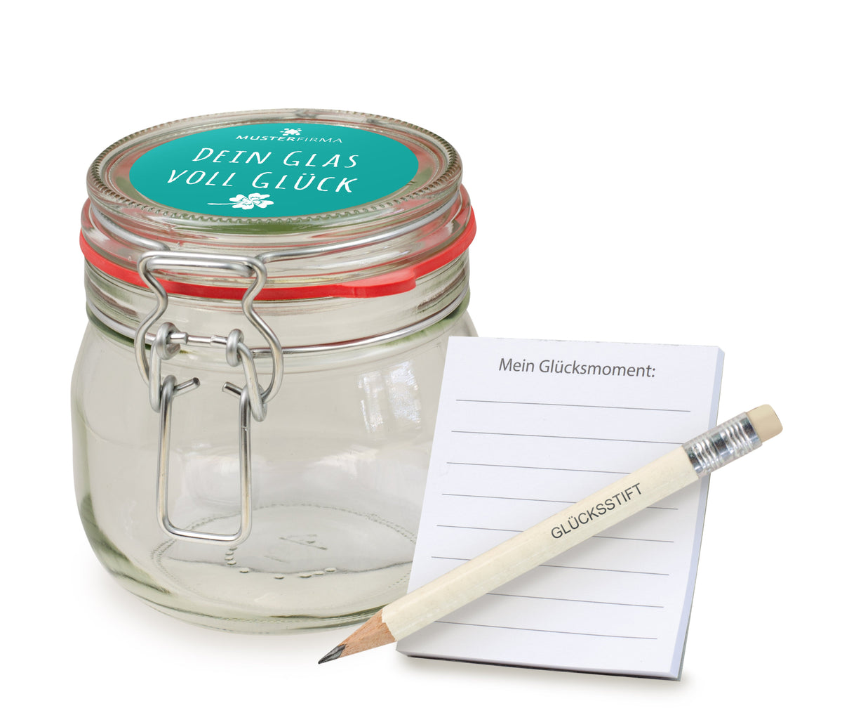 Bügelglas M für Glücksmomente zum Selbstbefüllen mit Logo – Beispielmotiv