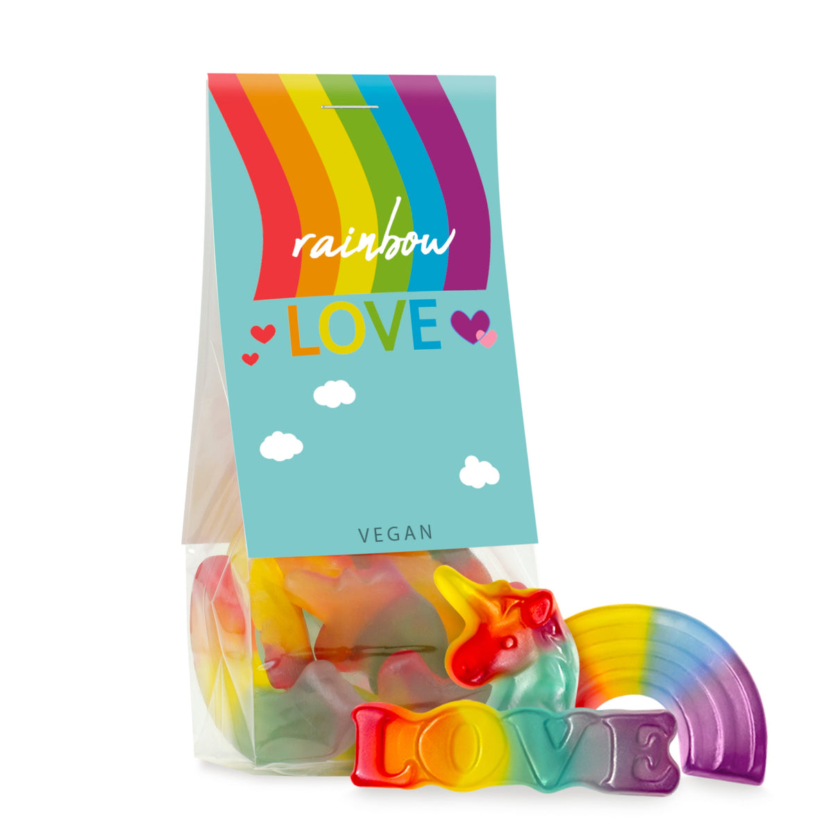 Bunte Fruchtgummi Mischung im Tütchen 55 g mit Logo – Beispielmotiv
