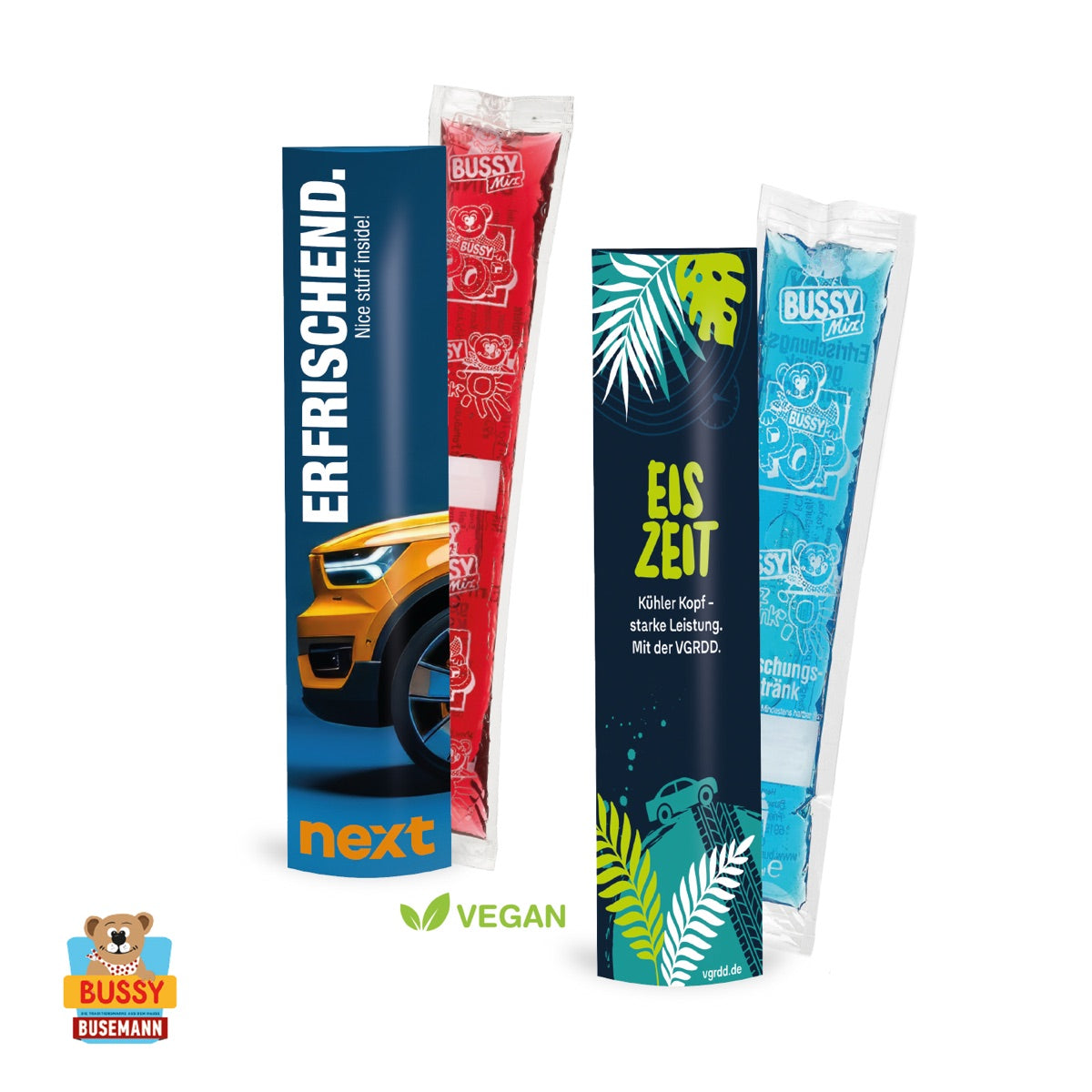 Wassereis im bedruckten Promopack aus Karton mit Werbemotiv