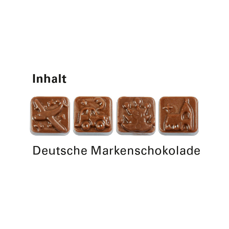 Muster der Schokoladen der Adventskalender mit Alpenmilch Schokotäfelchen