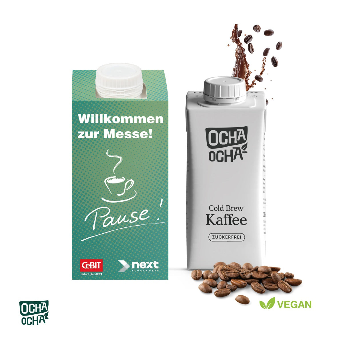 Hochformatige Werbekartonage aus Karton, rundum mit Motiv bedruckt