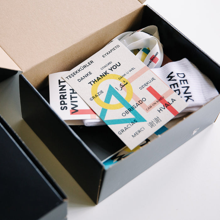 Firmenboxen mit Goodies für die Messe für denkwerk, Kundenprojekt von Vanilla & Pepper